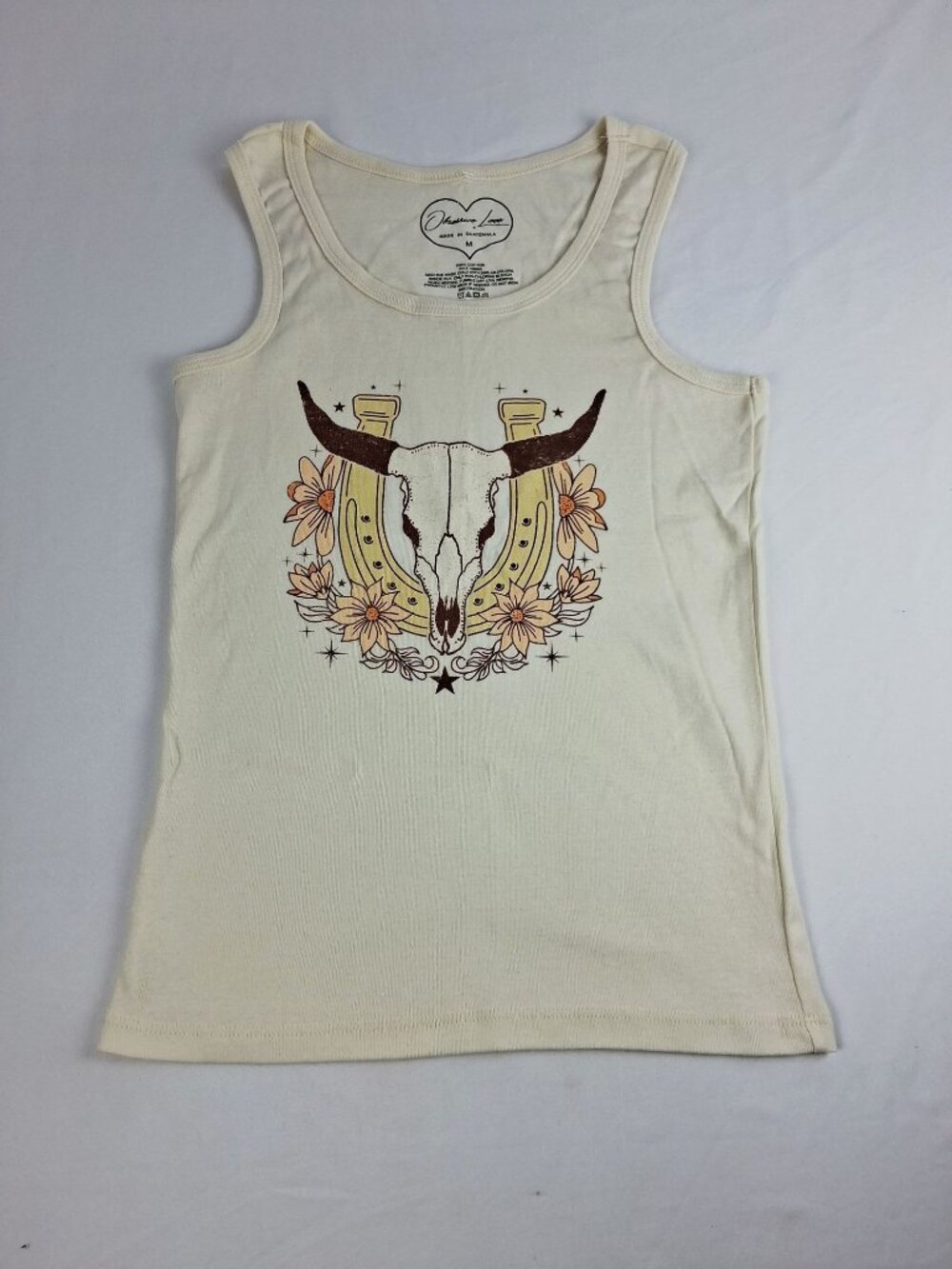 Obsessive Love Tank Top Floral & Skull Design Cream Cotton Jrs Size M